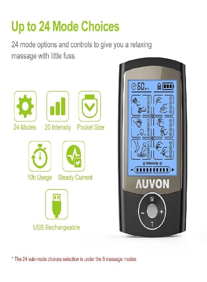 AUV0N AUVON Rechargeable TENS Unit Muscle Stimulator, 24 Modes 4th Gen TENS Machine with 8pcs 2"x2" Premium Electrode Pads for Pain Relief - Image 3